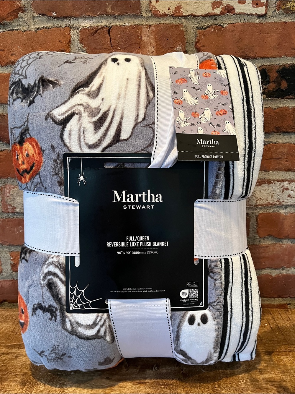 Martha Stewart Plush Reversible Halloween Throw - Gray, White & Orange